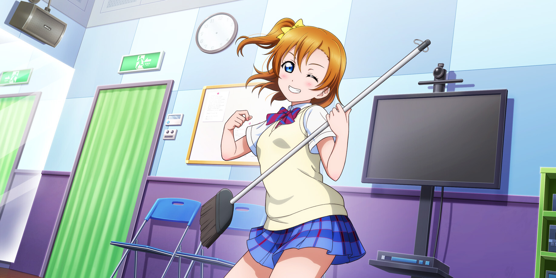 kosaka honoka, love live!, love live! school idol festival all stars, love live! school idol project, highres, official art, 1girl, analog clock, anime coloring, blue eyes, blue skirt, blush, bow, bowtie, breasts, broom, brown sweater vest, camera, chair, clock, collared shirt, cowboy shot, diagonal-striped bow, diagonal-striped bowtie, diagonal-striped clothes, dress shirt, dutch angle, emergency exit, exit sign, folding chair, grin, hair bow, hands up, holding, holding broom, indoors, looking at viewer, medium breasts, medium hair, miniskirt, monitor, one eye closed, one side up, orange hair, otonokizaka school uniform, paper, plaid clothes, plaid skirt, pleated skirt, red bow, red bowtie, school uniform, shelf, shirt, skirt, smile, solo, speaker, striped bow, striped bowtie, striped clothes, studio, summer uniform, sweater vest, unconventional guitar, wall clock, white shirt, whiteboard, yellow bow