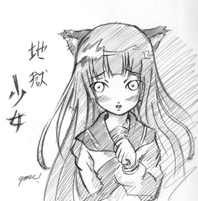 enma ai, jigoku shoujo, lowres, 00s, animal ears, cat ears, monochrome, school uniform, serafuku, sketch