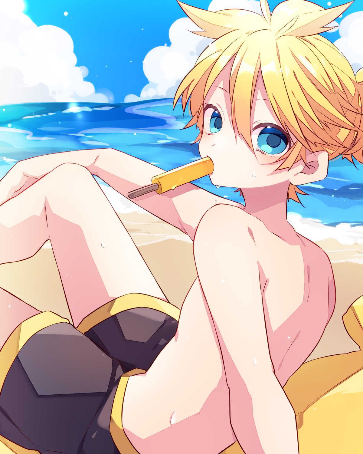 kaho 0102, kagamine len, vocaloid, commentary request, highres, 1boy, beach, black shorts, blonde hair, blue eyes, blue sky, cloud, day, double-parted bangs, food, food in mouth, hair between eyes, looking at viewer, male focus, ocean, outdoors, popsicle, popsicle in mouth, short hair, shorts, sitting, sky, solo, sweat, topless male