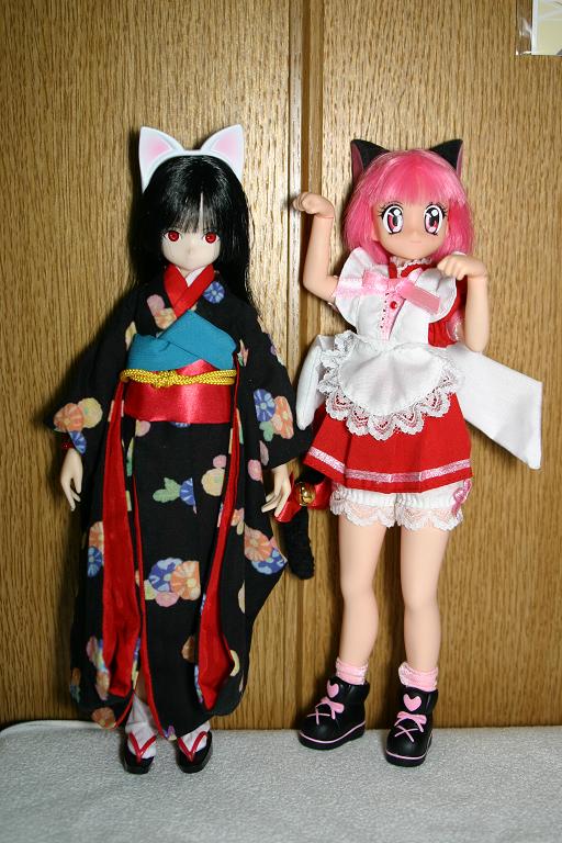 enma ai, mew ichigo, momomiya ichigo, jigoku shoujo, tokyo mew mew, 00s, animal ears, black hair, cat ears, figure, japanese clothes, kimono, red eyes