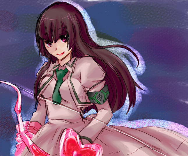 hayasaka ouka, busou renkin, 00s, 1girl, angel gozen (weapon), armband, between breasts, black hair, bow (weapon), breasts, brown hair, cowboy shot, dress, facing viewer, female focus, gauntlets, green necktie, impossible clothes, impossible dress, looking at viewer, necktie, necktie between breasts, outline, purple eyes, school uniform, serafuku, short necktie, single gauntlet, smile, solo, standing, weapon