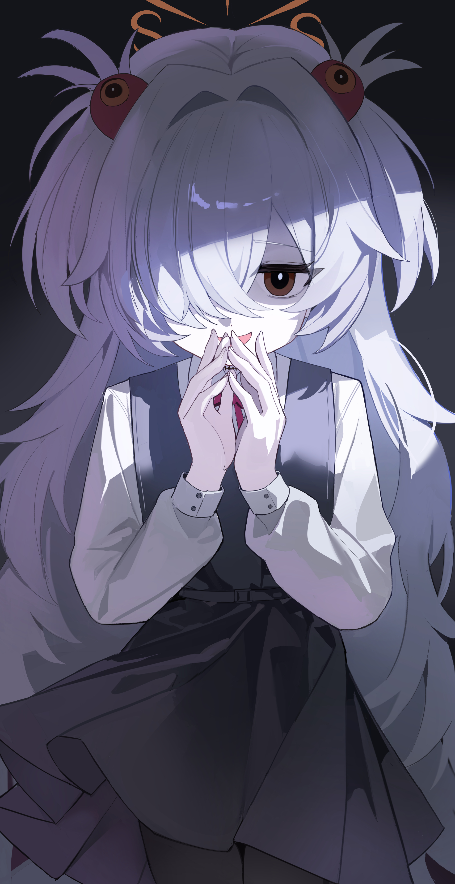 iv (iv70311741), kanoe (blue archive), blue archive, absurdres, highres, 1girl, black dress, black pantyhose, collared shirt, dress, hair bobbles, hair ornament, hair over one eye, halo, long hair, long sleeves, mojyo, neck ribbon, orange halo, pantyhose, ribbon, scar, scar on neck, shirt, smile, solo, steepled fingers, two side up, white hair, white shirt