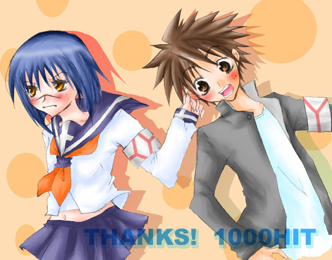 mutou kazuki, tsumura tokiko, busou renkin, 00s, blue hair, brown eyes, brown hair, scar, school uniform, serafuku, yellow eyes