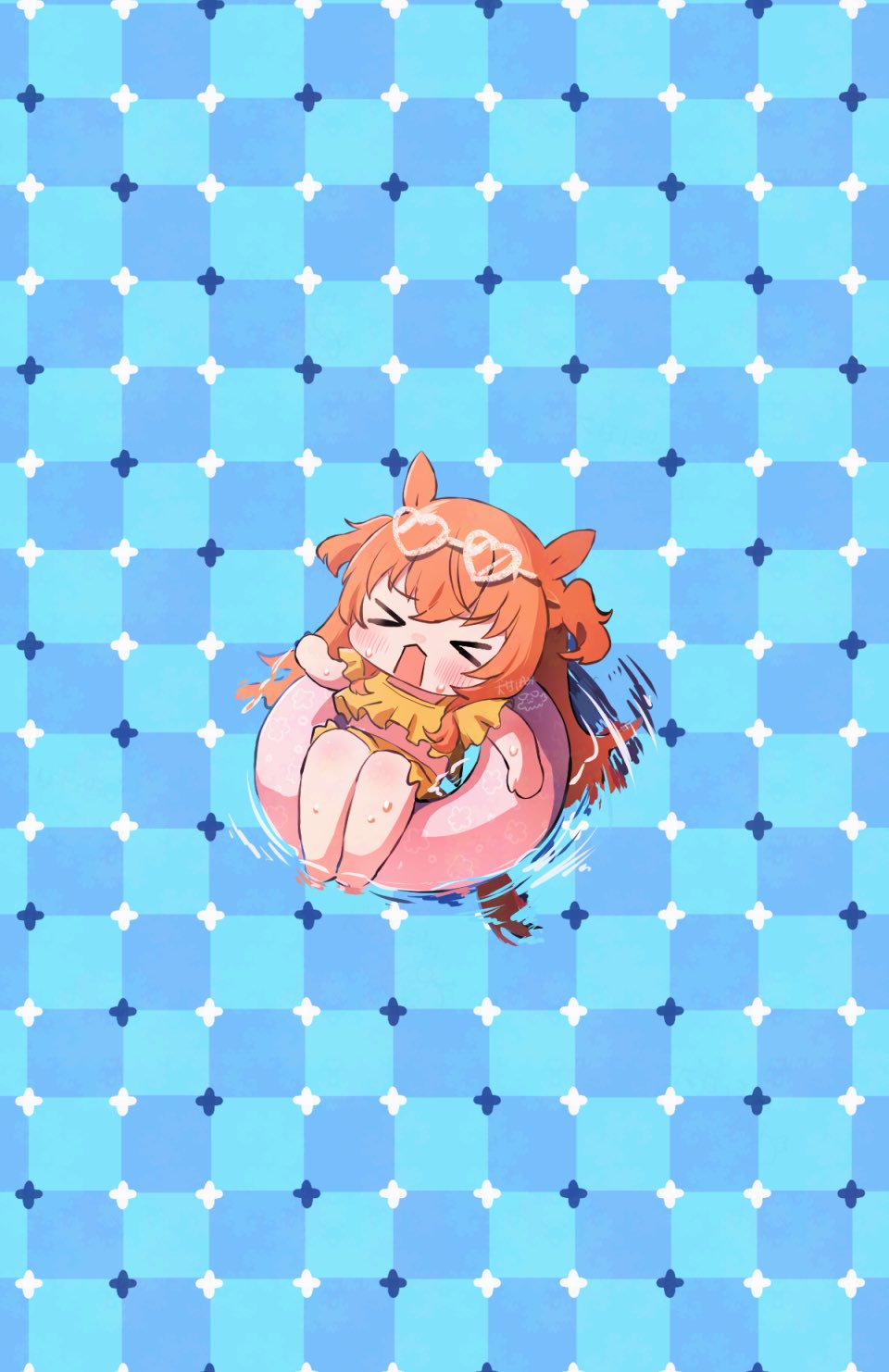 potarou pomi, mayano top gun (umamusume), umamusume, commentary, highres, symbol-only commentary, > <, 1girl, afloat, animal ears, barefoot, bikini, blue background, blush, checkered background, chibi, chibi only, closed eyes, eyewear on head, from above, heart, heart-shaped eyewear, horse ears, horse girl, horse tail, innertube, long hair, open mouth, optical illusion, orange hair, primrose field illusion, solo, sunglasses, sweat, swim ring, swimsuit, tail, two side up, water, yellow bikini