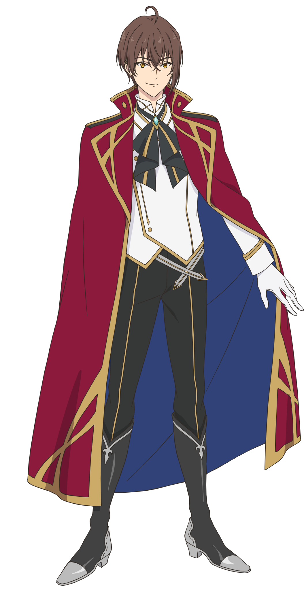 wein salema arbalest, tensai ouji no akaji kokka saiseijutsu, highres, official art, 1boy, ahoge, anime coloring, ascot, belt, black ascot, black boots, black pants, boots, brown eyes, brown hair, cloak, closed mouth, collared jacket, crossed bangs, full body, gloves, hair between eyes, jacket, long sleeves, looking at viewer, ouchi ryuunosuke, outstretched arm, pants, red cloak, short hair, simple background, smile, solo, standing, transparent background, white belt, white gloves, white jacket
