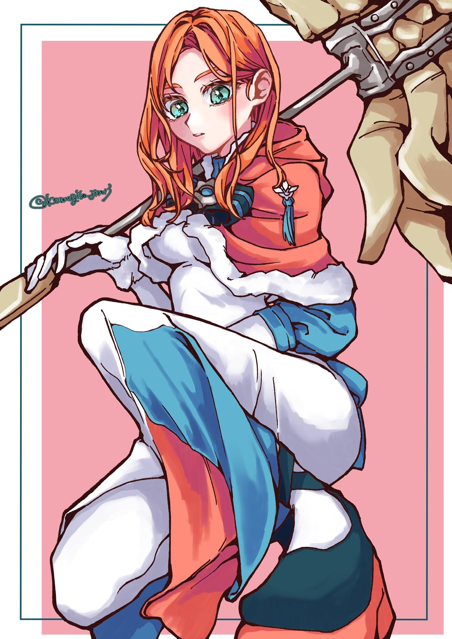komugiko jiro13, annette fantine dominic, annette fantine dominic (timeskip), fire emblem, fire emblem: three houses, nintendo, highres, 1girl, blue eyes, breasts, capelet, crusher (weapon), fur trim, gloves, long hair, looking at viewer, medium breasts, orange capelet, orange hair, simple background, solo, white gloves