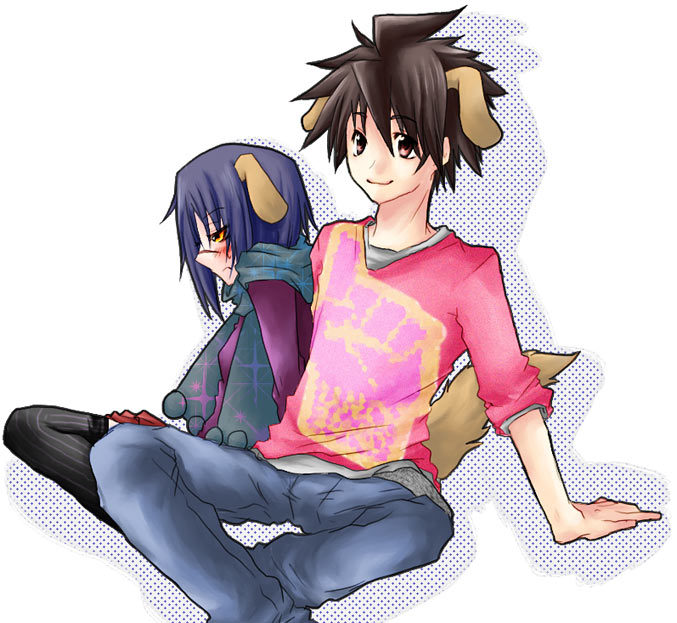 mutou kazuki, tsumura tokiko, busou renkin, 00s, blue hair, brown eyes, brown hair, scar, yellow eyes