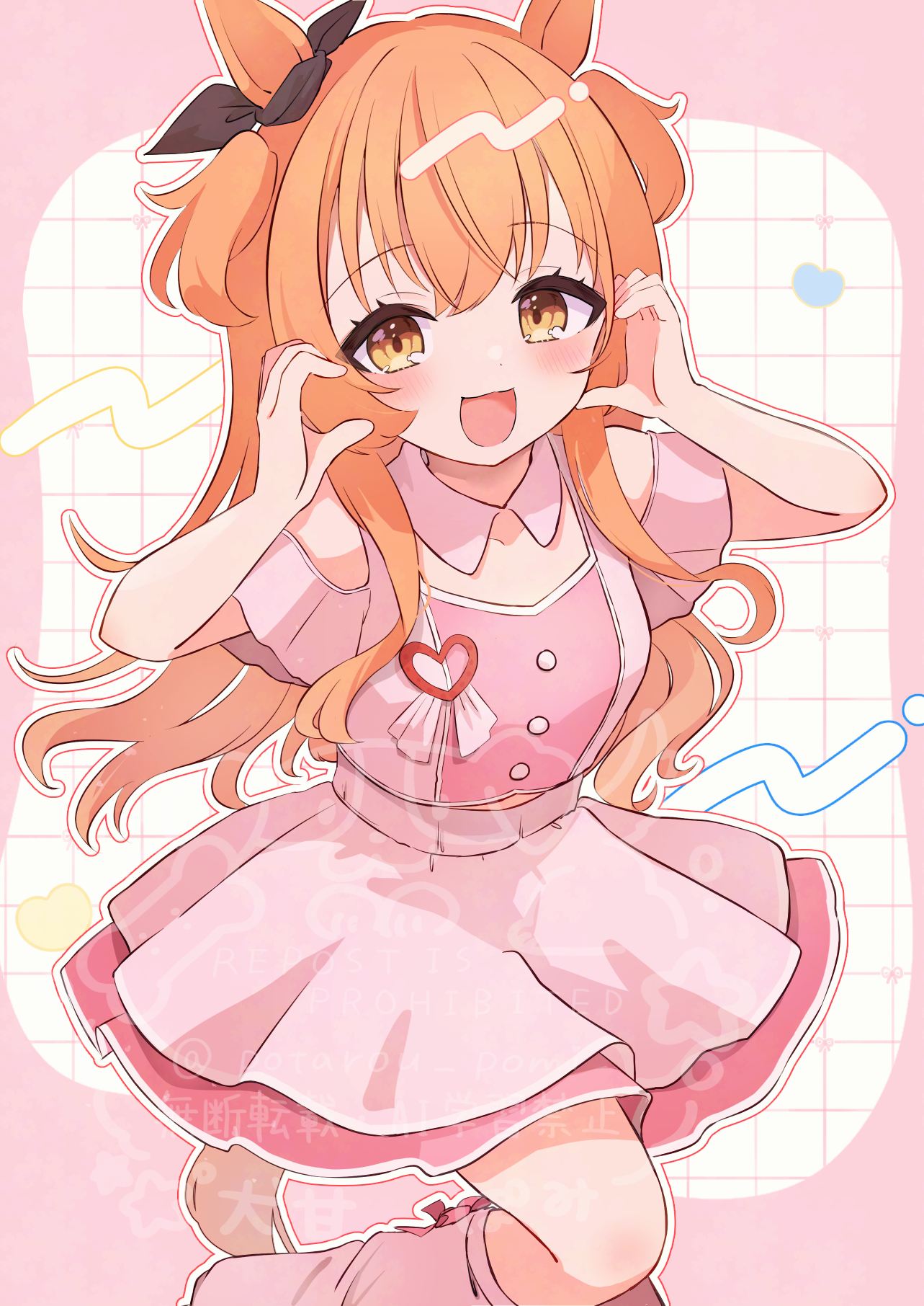 potarou pomi, mayano top gun (umamusume), umamusume, commentary request, highres, 1girl, :d, animal ears, bare shoulders, blush, border, bow, brown ribbon, dress, ear ribbon, feet out of frame, grid background, hands up, horse ears, horse girl, horse tail, long hair, looking at viewer, open mouth, orange hair, outline, outside border, pink border, pink dress, pink socks, ribbon, short sleeves, smile, socks, solo, tail, two side up, white background, white outline, yellow eyes