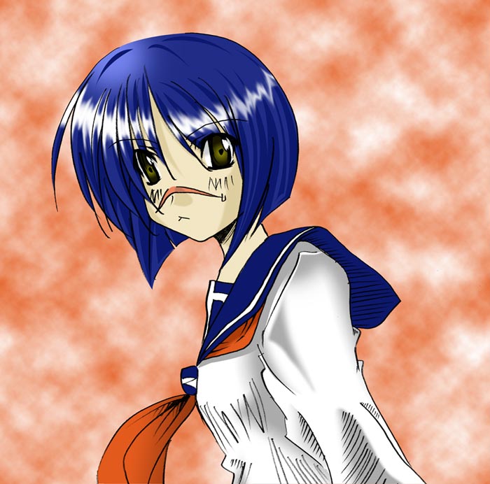 tsumura tokiko, busou renkin, 00s, blue hair, scar, school uniform, serafuku, yellow eyes