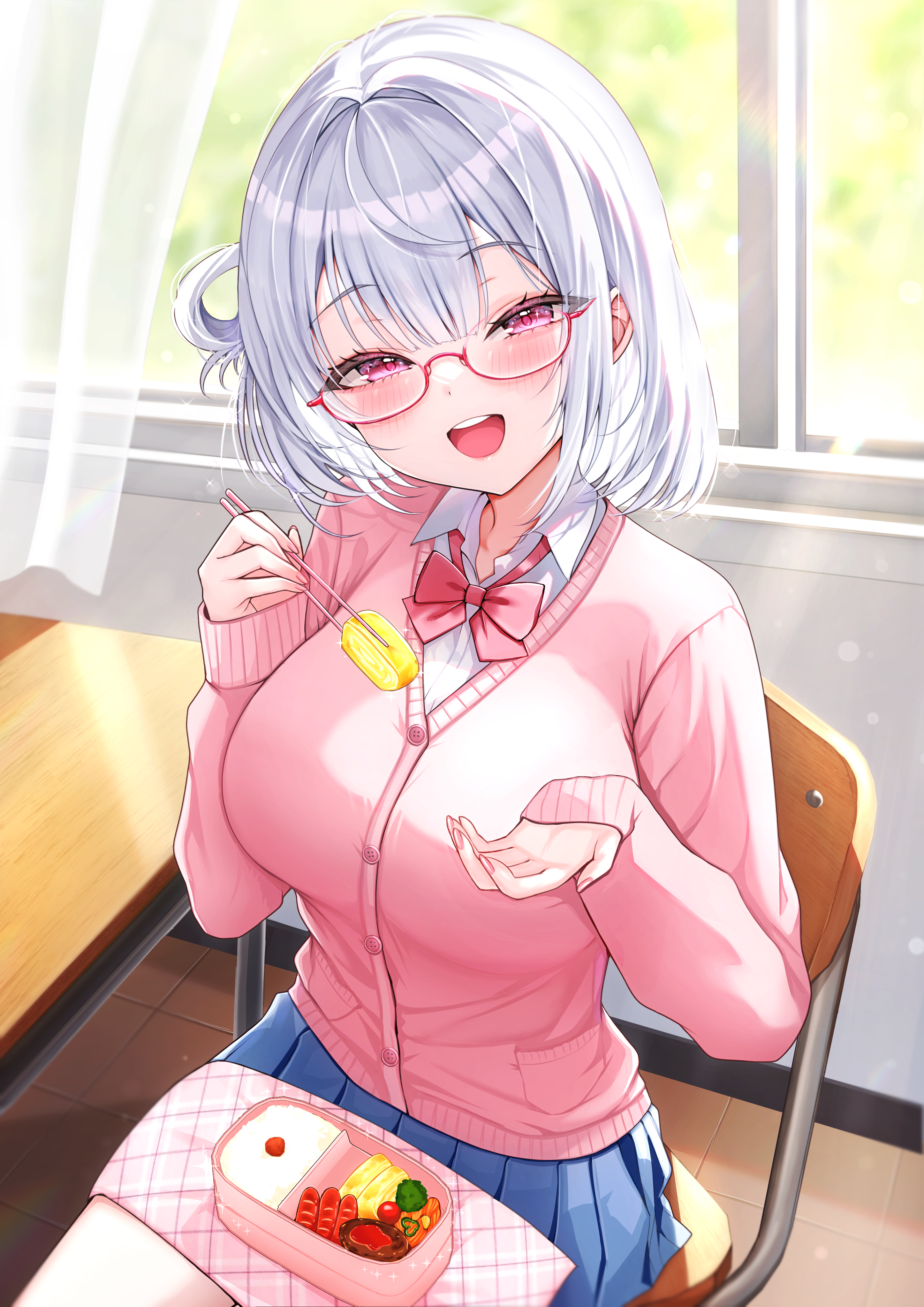 yu lei, original, absurdres, commentary request, highres, 1girl, bento, blue skirt, breasts, chair, chopsticks, curtains, food, glasses, holding, holding chopsticks, indoors, large breasts, looking at viewer, on chair, open mouth, pink eyes, pink sweater vest, red-framed eyewear, rice, school uniform, semi-rimless eyewear, short hair, skirt, smile, solo, sweater vest, under-rim eyewear, white hair, window