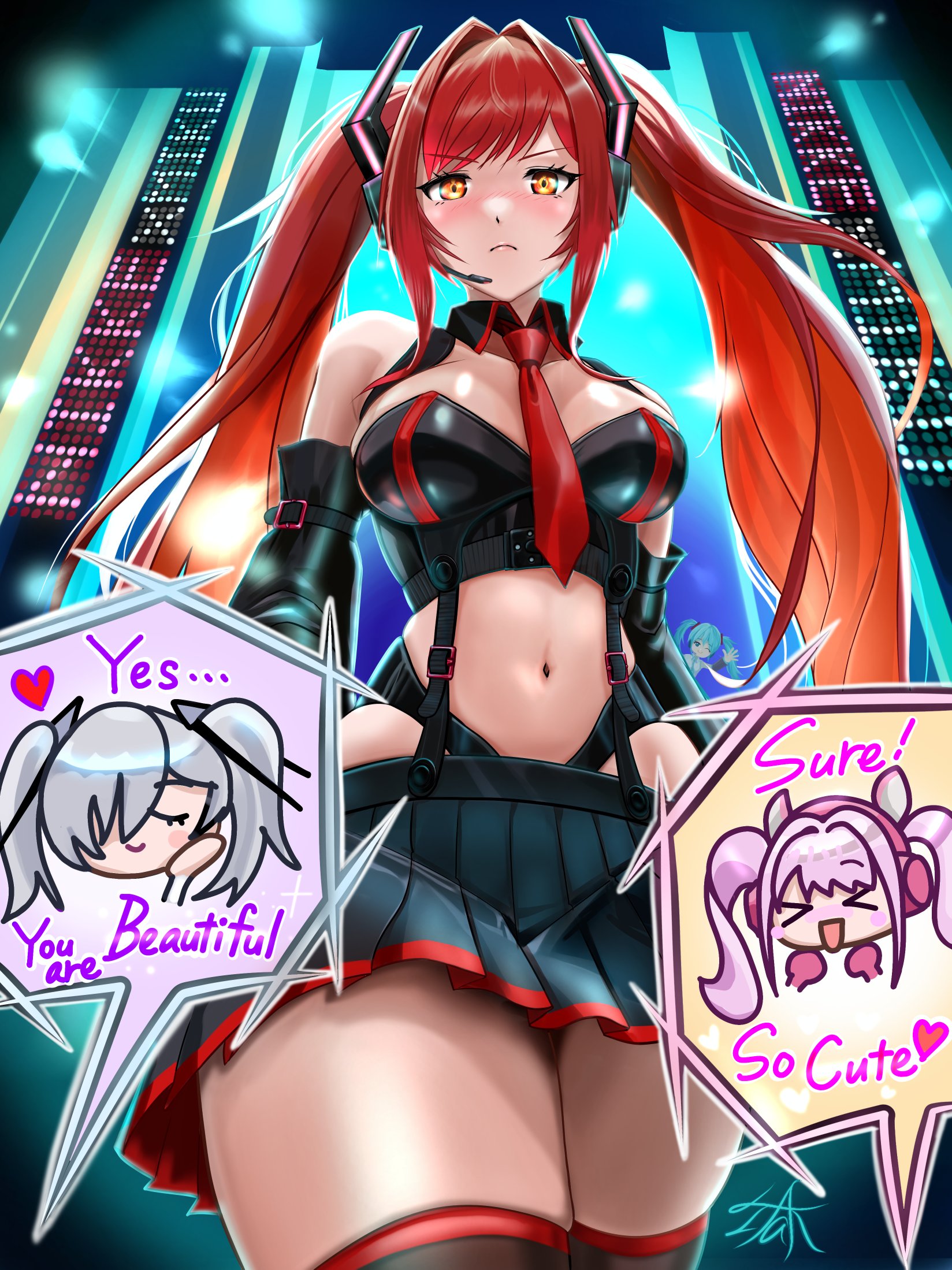 alice (nikke), cinderella (nikke), hatsune miku, rapi (nikke), rapi (red hood) (nikke), goddess of victory: nikke, vocaloid, highres, 4girls, animal ear headphones, animal ears, aqua eyes, aqua hair, aqua necktie, bare shoulders, black sleeves, blush, breasts, chibi, cleavage, cosplay, detached sleeves, fake animal ears, gloves, hair over one eye, hatsune miku (cosplay), headphones, headset, large breasts, long hair, looking at viewer, multiple girls, necktie, official alternate hair color, open mouth, pink gloves, pink hair, red eyes, red hair, skirt, sleeveless, smile, spoken character, taka (cactus), thighs, twintails, very long hair, white hair