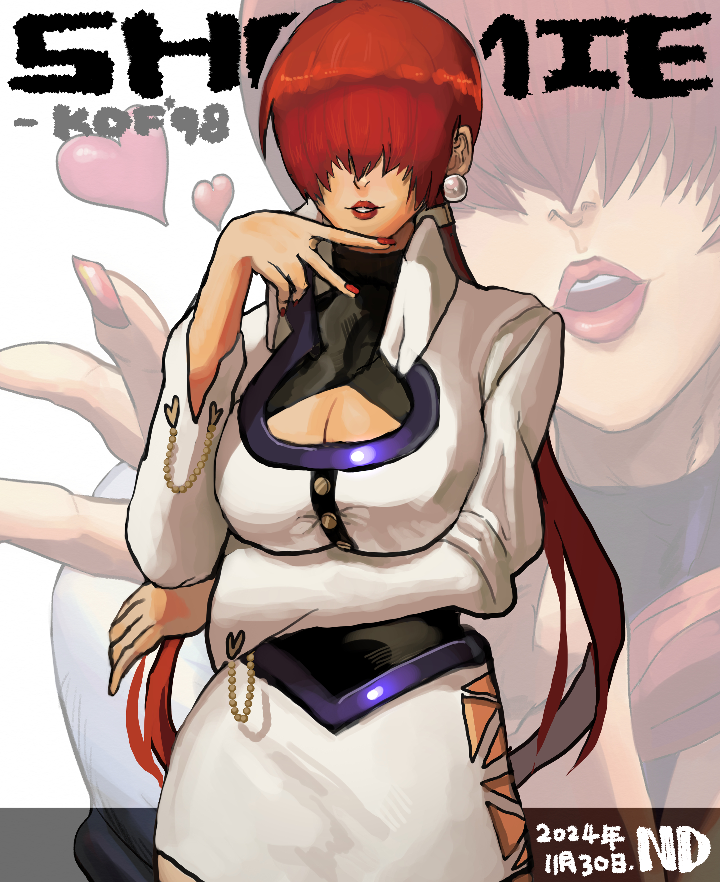 shermie (kof), the king of fighters, 1girl, breasts, cleavage cutout, clothing cutout, curvy, dress, earrings, fishnets, heart, huge breasts, jacket, jewelry, large breasts, long hair, long sleeves, nd 1229, pale skin, ponytail, red hair, skirt, standing, thick lips, thick thighs, thighs, twintails, wide hips