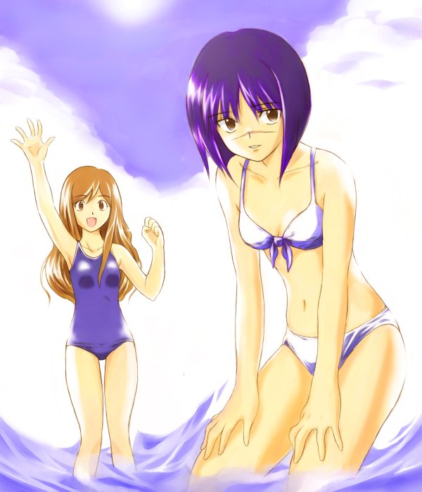 mutou mahiro, tsumura tokiko, busou renkin, 00s, blue hair, brown eyes, brown hair, scar, swimsuit, yellow eyes