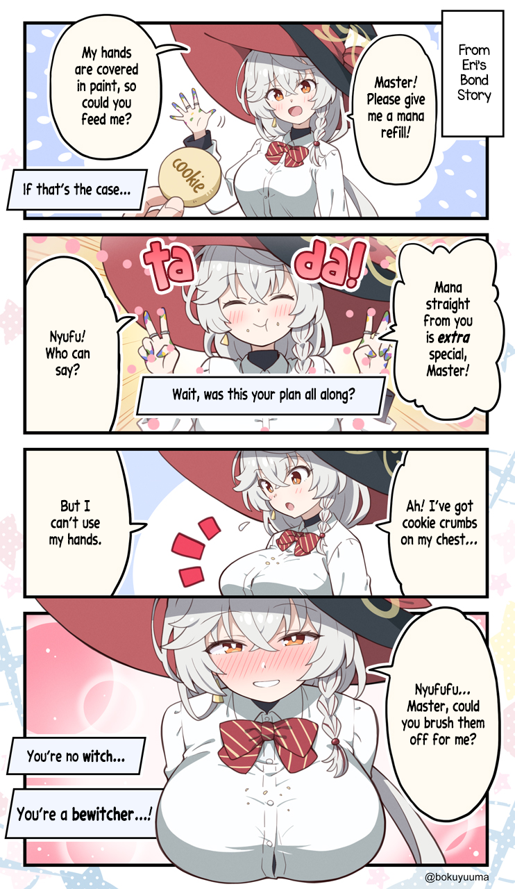 skirthike, eri (blue archive), blue archive, biscuit (bread), blush, bow, bowtie, braid, breasts, comic, cookie, crumbs, earrings, english translation, food, halo, hat, jewelry, large breasts, long hair, orange eyes, panties, ring, shirt, speech bubble, sweater, underwear, v, white hair, witch hat