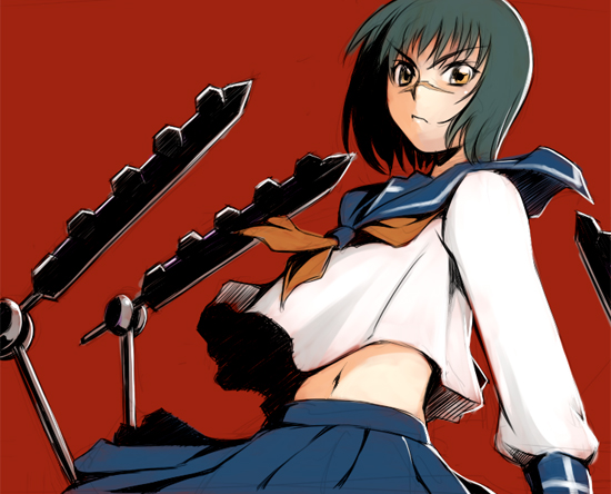 tsumura tokiko, busou renkin, 00s, blue hair, scar, school uniform, serafuku, valkyrie skirt, yellow eyes