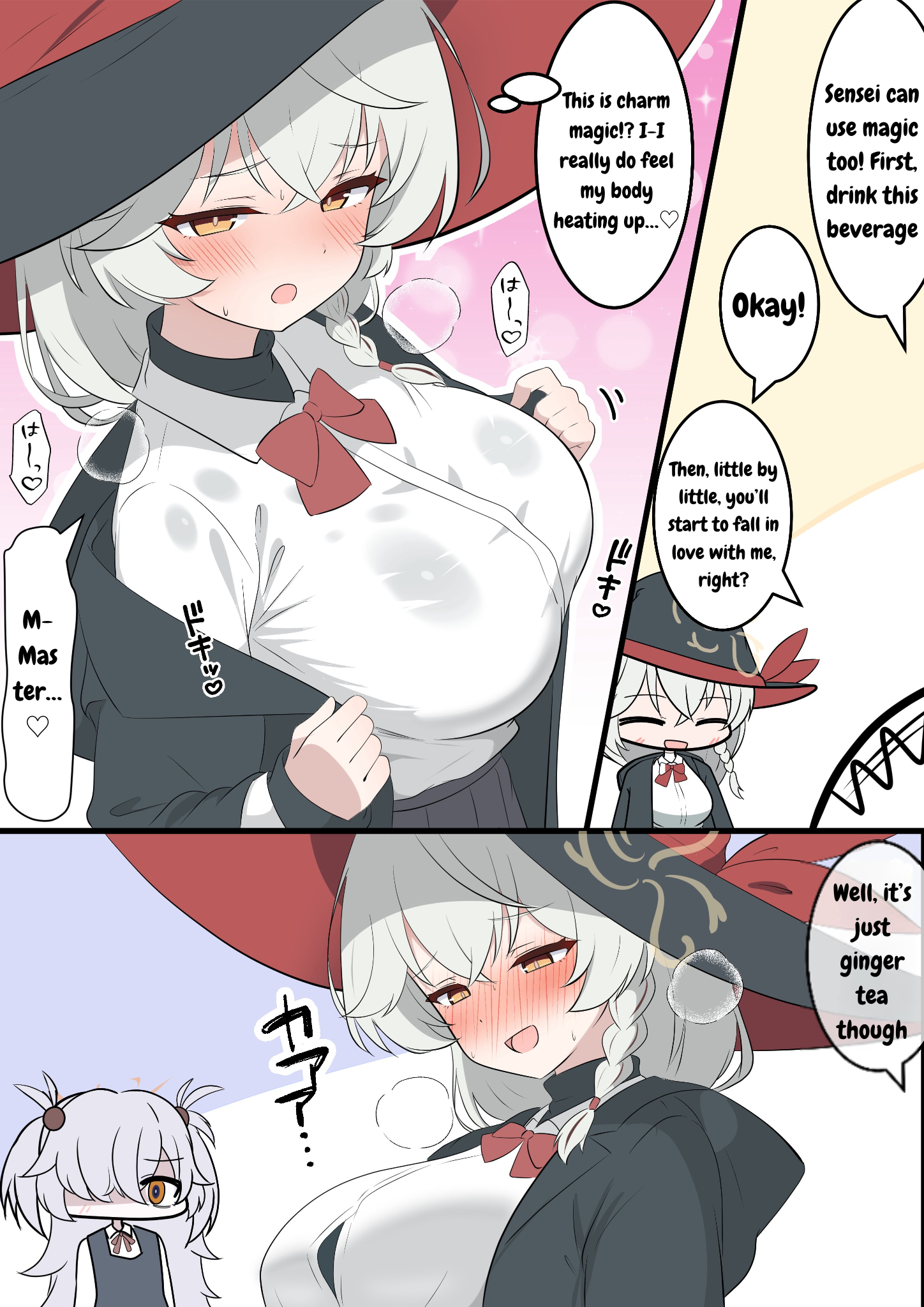 kakapomilk, eri (blue archive), blue archive, 2girls, big hair, blush, bow, bowtie, braid, comic, dress, english translation, halo, hat, jacket, long coat, long hair, multiple girls, one eye covered, orange eyes, panties, shirt, sweat, sweater, twintails, underwear, wet, wet clothes, white hair, witch hat