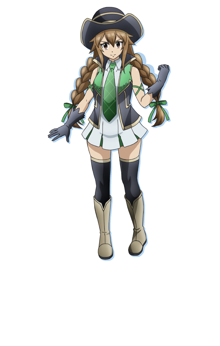 farmagia, official art, 1girl, anime coloring, black hat, black thighhighs, boots, braid, brown boots, brown eyes, brown hair, charlo (farmagia), clenched hand, closed mouth, collared dress, dress, full body, gloves, green necktie, green ribbon, grey gloves, hair ribbon, hand up, hat, iizumi toshiomi, long hair, looking at viewer, necktie, open hand, ribbon, sidelocks, simple background, sleeveless, sleeveless dress, sleeveless jacket, solo, standing, thighhighs, thighs, transparent background, twin braids, v-shaped eyebrows, very long hair, white dress