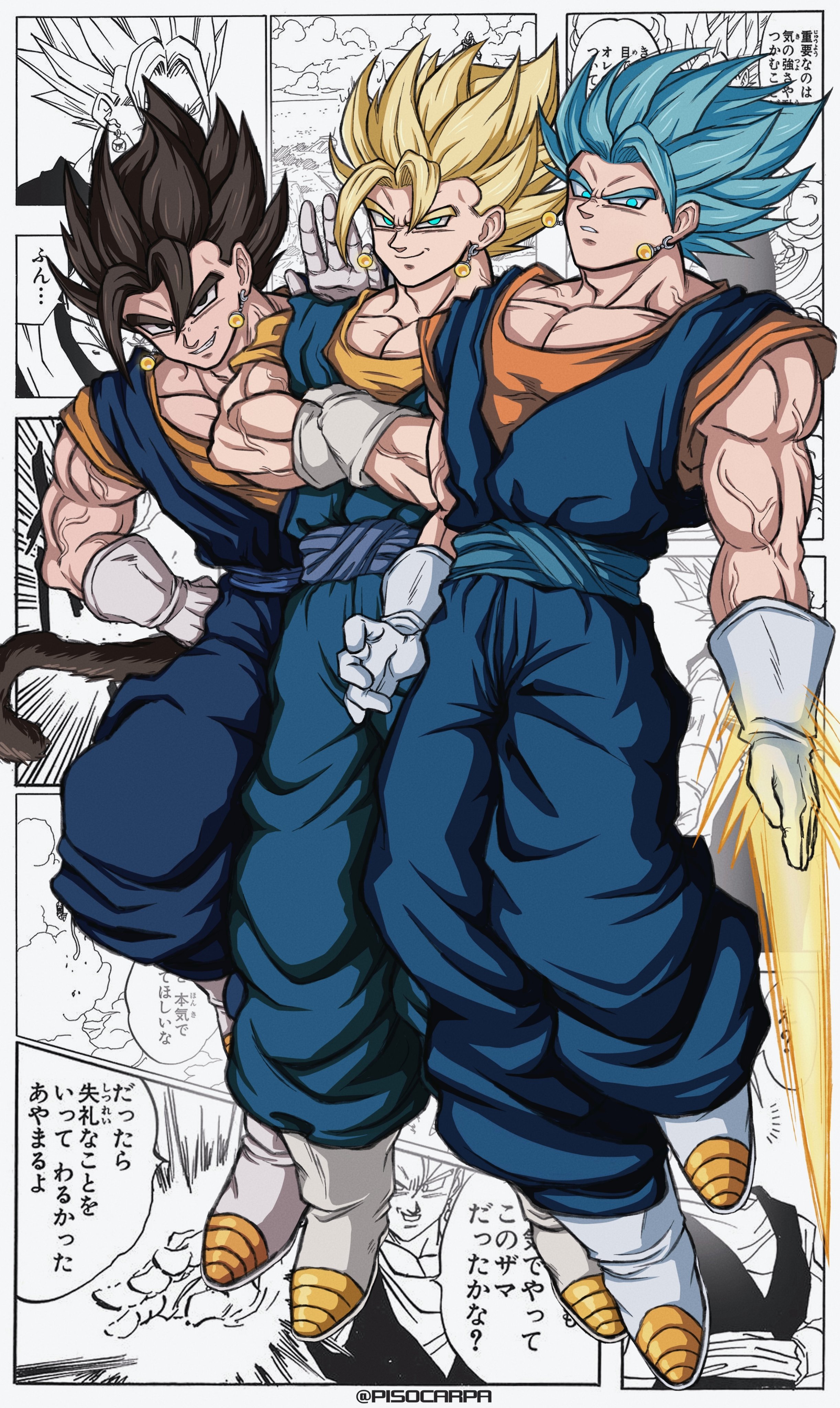 vegetto, dragon ball, dragon ball super, dragonball z, absurdres, highres, 3boys, arm blade, aura, black eyes, black hair, blonde hair, blue eyes, blue hair, blue pants, blue sash, blue shirt, boots, closed mouth, crossed arms, dougi, earrings, energy sword, full body, gloves, green eyes, jewelry, medium hair, multiple boys, muscular, muscular male, official art inset, orange shirt, pants, parted lips, pisocarpa, potara earrings, sash, shirt, smirk, spiked hair, super saiyan, super saiyan 1, super saiyan blue, sword, veins, weapon, white boots, white gloves