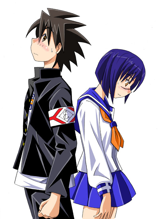 mutou kazuki, tsumura tokiko, busou renkin, 00s, blue hair, brown eyes, brown hair, scar, school uniform, serafuku, yellow eyes