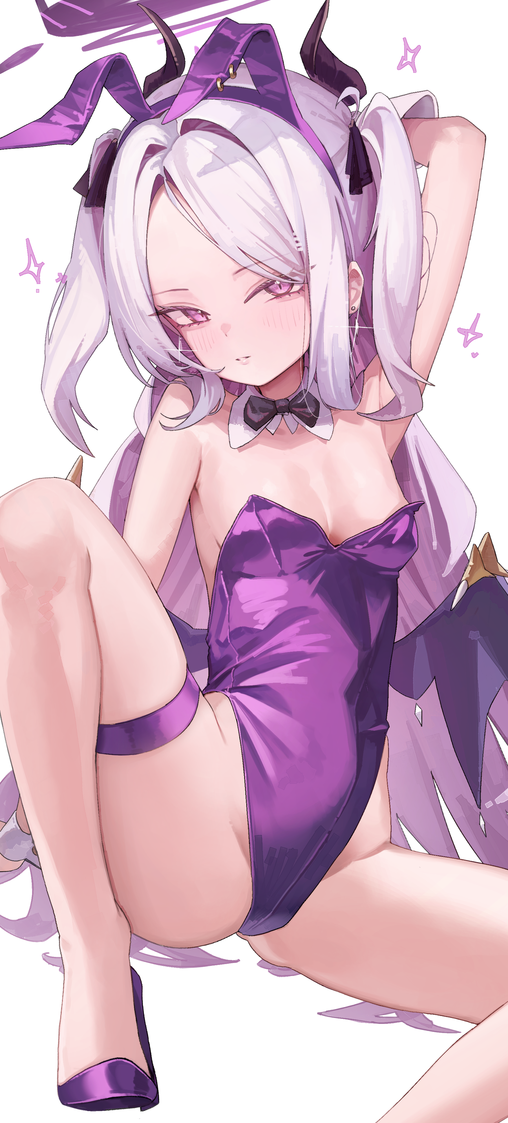 jun daniell, hina (blue archive), blue archive, absurdres, commentary, highres, 1girl, animal ears, black horns, closed mouth, fake animal ears, halo, highleg, highleg leotard, horns, leotard, long hair, looking at viewer, playboy bunny, purple eyes, purple halo, purple leotard, purple shoes, rabbit ears, shoes, simple background, sitting, solo, white background, white hair
