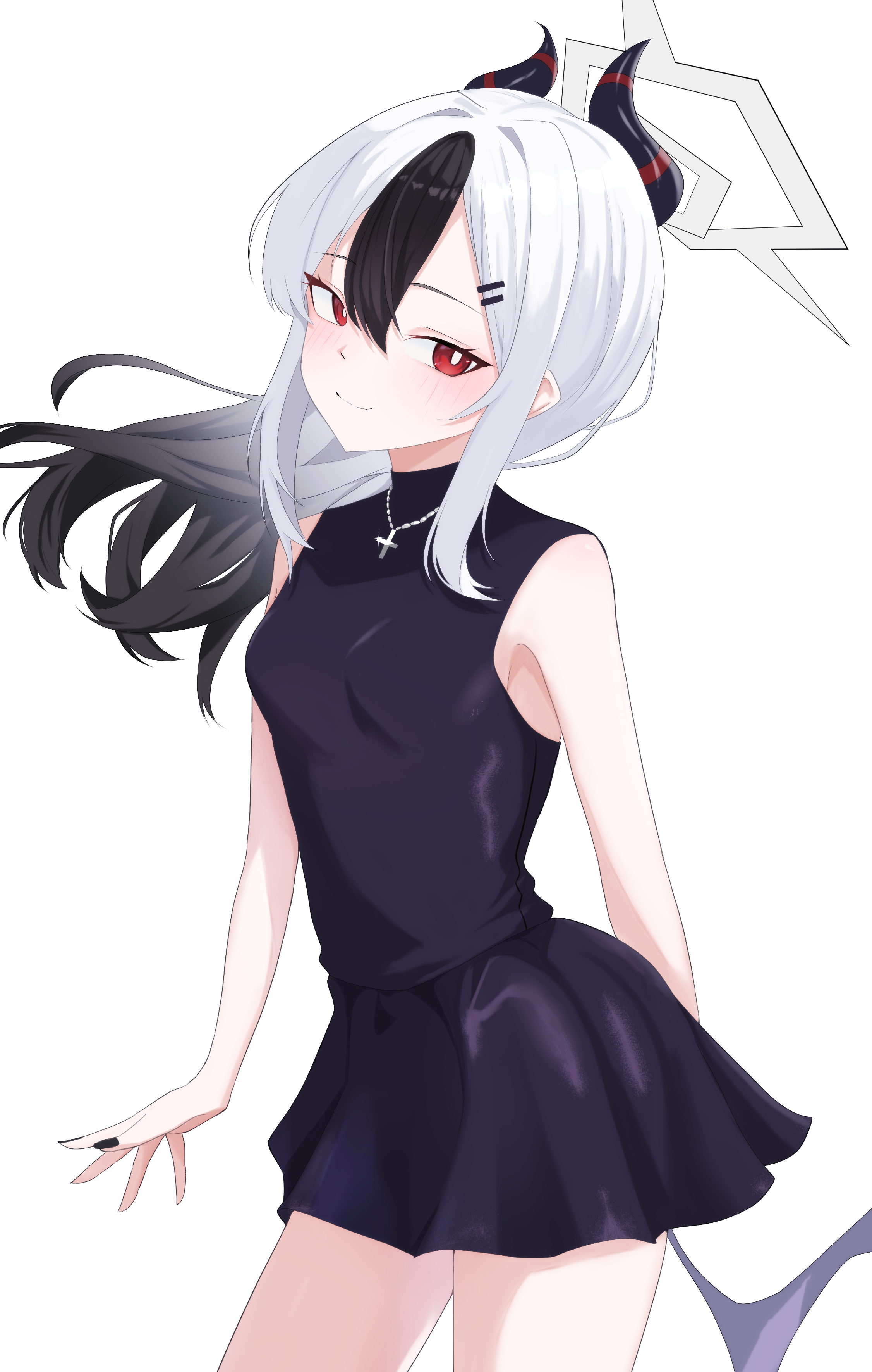 hiroponponm, kayoko (blue archive), blue archive, absurdres, commentary, highres, 1girl, bare shoulders, black dress, cowboy shot, cross, cross necklace, demon horns, demon wings, dress, gradient hair, halo, horns, jewelry, light smile, looking at viewer, multicolored hair, necklace, red eyes, simple background, sleeveless, solo, white background, white hair, wings