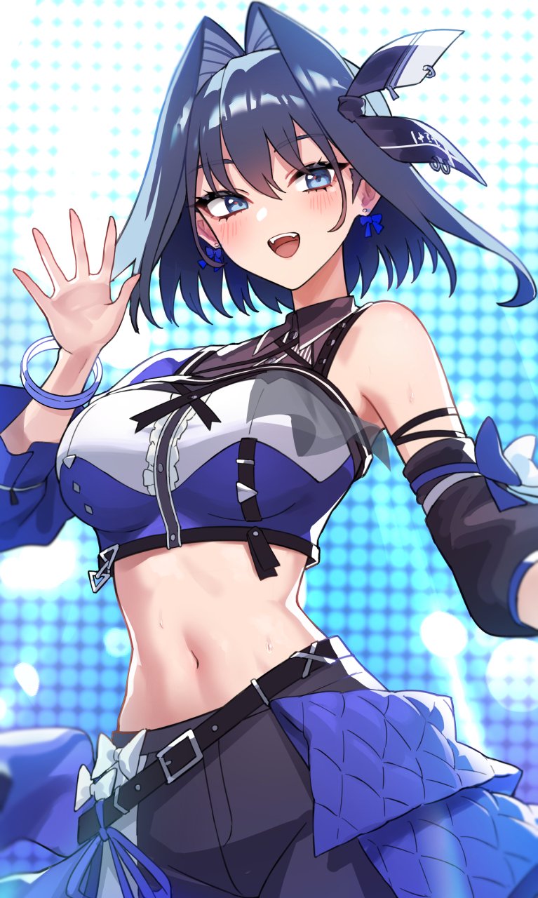 oopartz yang, ouro kronii, hololive, hololive english, commentary, english commentary, highres, 1girl, black pants, blue eyes, blue hair, breasts, cowboy shot, earrings, idol, jewelry, large breasts, midriff, navel, open mouth, pants, short hair, single bare shoulder, smile, solo, virtual youtuber