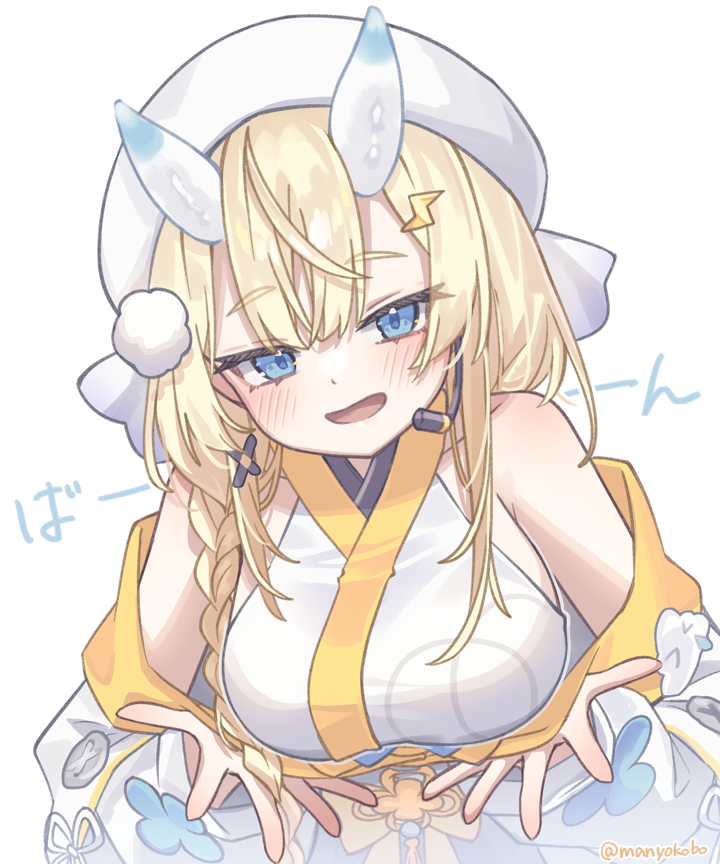 manyokobo, kadou mikaru, nijisanji, absurdres, highres, 1girl, bare shoulders, blonde hair, blue eyes, blue horns, blush, braid, breast lift, breasts, coat, flower knot, hair ornament, hair over shoulder, hat, headset, horns, japanese clothes, kimono, large breasts, layered sleeves, leaning forward, lightning bolt, lightning bolt hair ornament, lightning bolt symbol, long sleeves, looking at viewer, low twin braids, multicolored horns, off-shoulder coat, off shoulder, open mouth, pom pom (clothes), pom pom hair ornament, puffy long sleeves, puffy sleeves, ribbon, short over long sleeves, short sleeves, sidelocks, simple background, smile, solo, twin braids, two-tone horns, upper body, virtual youtuber, white background, white coat, white hat, white horns, white kimono, x hair ornament, yellow ribbon, yellow trim