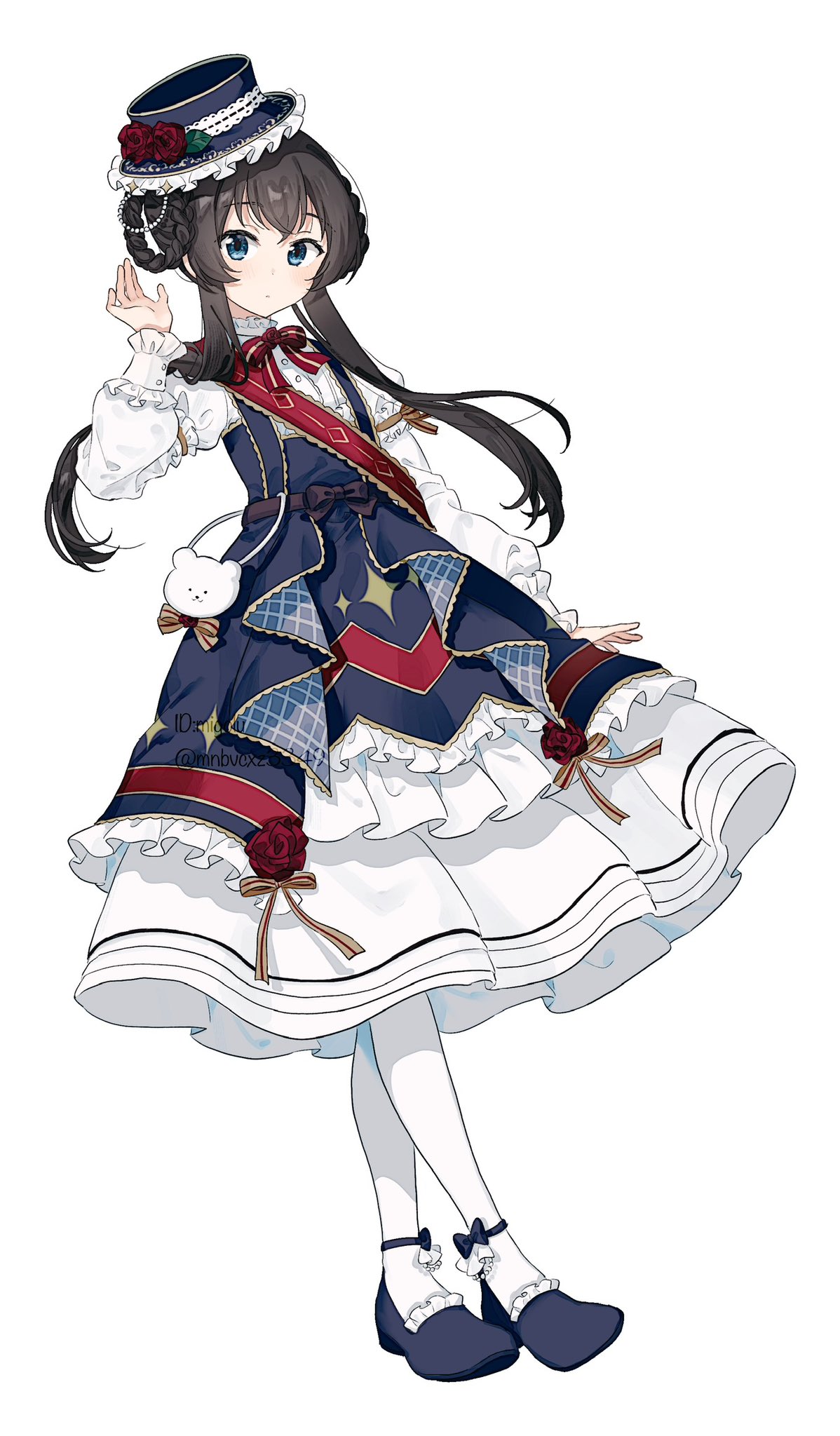 migolu, character request, copyright request, highres, 1girl, blue dress, blue eyes, blue hat, blue shoes, blush, braid, braided hair rings, brown hair, closed mouth, dress, flower, frilled dress, frilled hat, frilled sleeves, frills, full body, hair rings, hand up, hat, hat flower, long hair, long sleeves, looking at viewer, pantyhose, pinafore dress, red flower, red rose, rose, shirt, shoes, simple background, skirt, sleeveless, sleeveless dress, solo, standing, white background, white pantyhose, white shirt, white skirt
