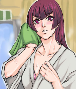 hayasaka ouka, busou renkin, lowres, tagme, 00s, 1girl, blush, bra, bra peek, female focus, indoors, pink bra, purple eyes, purple hair, solo, underwear, upper body