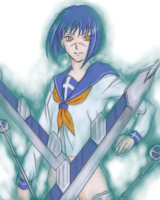 tsumura tokiko, busou renkin, lowres, 00s, blue hair, scar, school uniform, serafuku, valkyrie skirt, yellow eyes