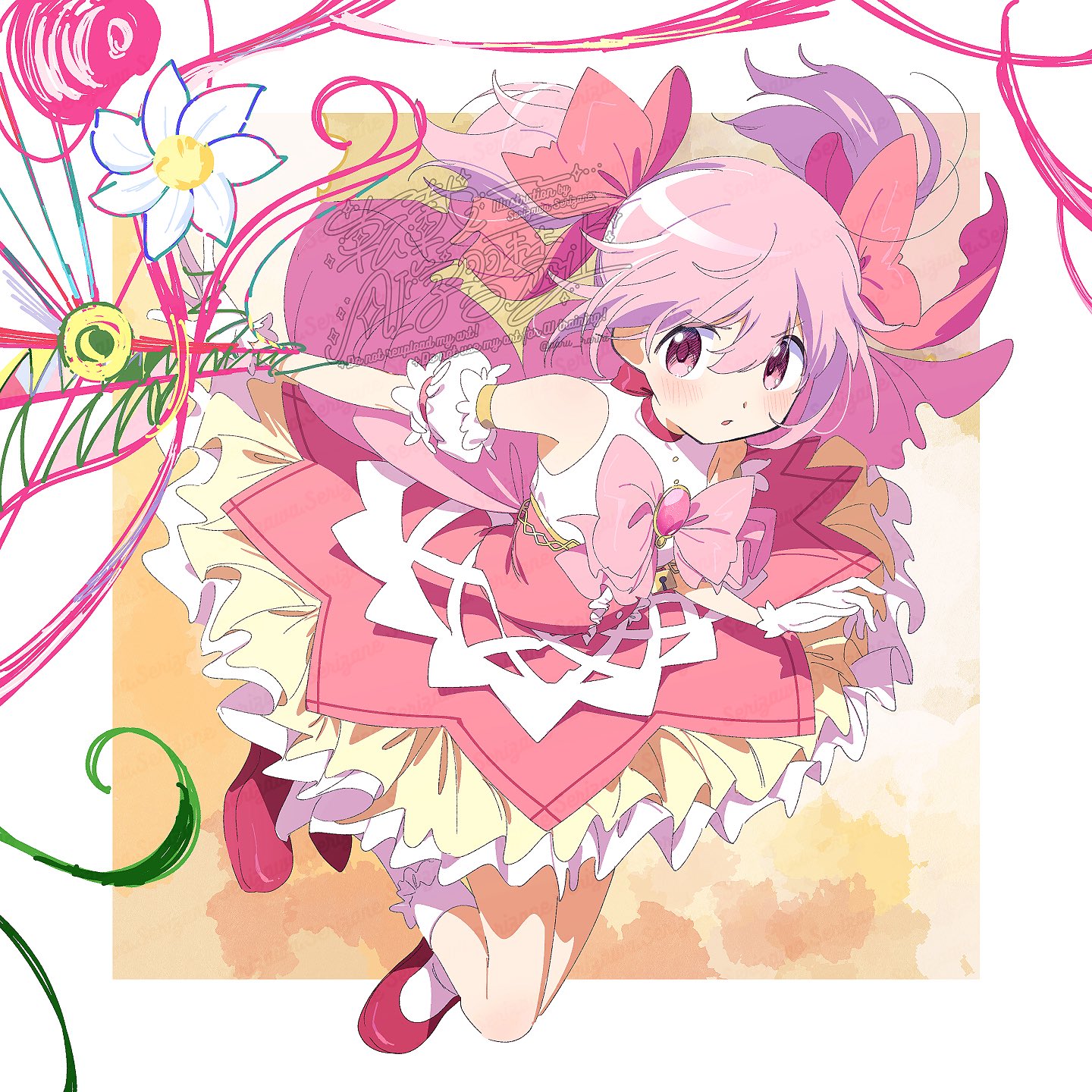 serizawa serizane, kaname madoka, kaname madoka (magical girl), mahou shoujo madoka magica, mahou shoujo madoka magica (anime), highres, 1girl, bare shoulders, blush, border, bow, bowtie, detached sleeves, frilled skirt, frilled socks, frills, full body, hair between eyes, hair bow, looking at viewer, magical girl, open mouth, orange background, outside border, pink bow, pink bowtie, pink eyes, pink hair, pink skirt, red shoes, shirt, shoes, short hair, short sleeves, short twintails, signature, skirt, sleeveless, sleeveless shirt, socks, solo, twintails, white border, white sleeves, white socks