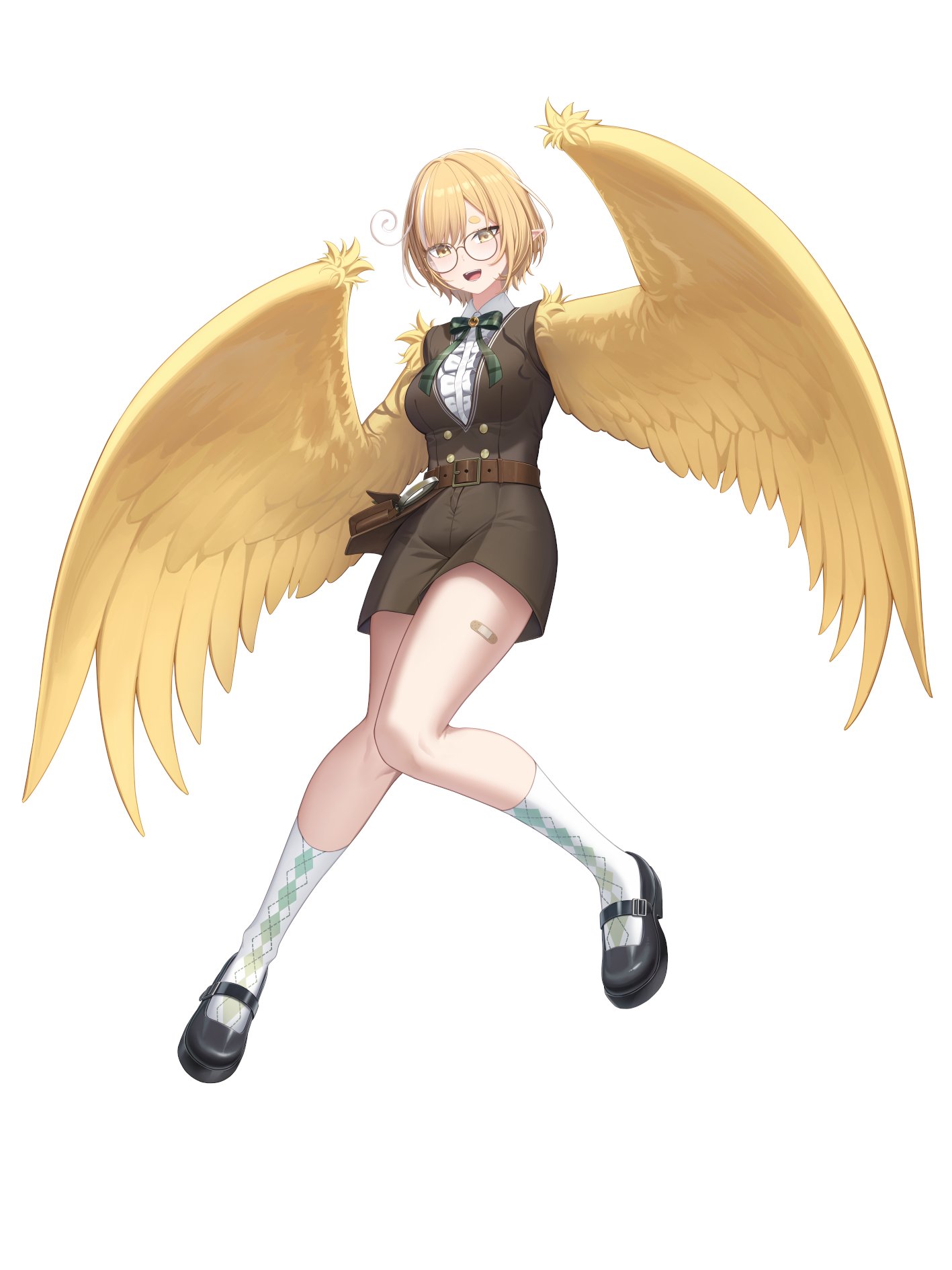 resu desu, kanna yanagi, highres, second-party source, 1girl, bandaid, bandaid on leg, belt, black shoes, blonde hair, bow, bowtie, breasts, brown belt, center frills, collared shirt, feathered wings, frills, glasses, glitch stars, green bow, green bowtie, harpy, kanna yanagi (harpy), magnifying glass, monster girl, multicolored hair, official alternate hair length, official alternate hairstyle, open mouth, plaid bow, plaid bowtie, plaid clothes, pointy ears, round eyewear, shirt, shoes, short hair, socks, solo, streaked hair, virtual youtuber, white background, white hair, white shirt, white socks, wings, yellow eyes, yellow wings