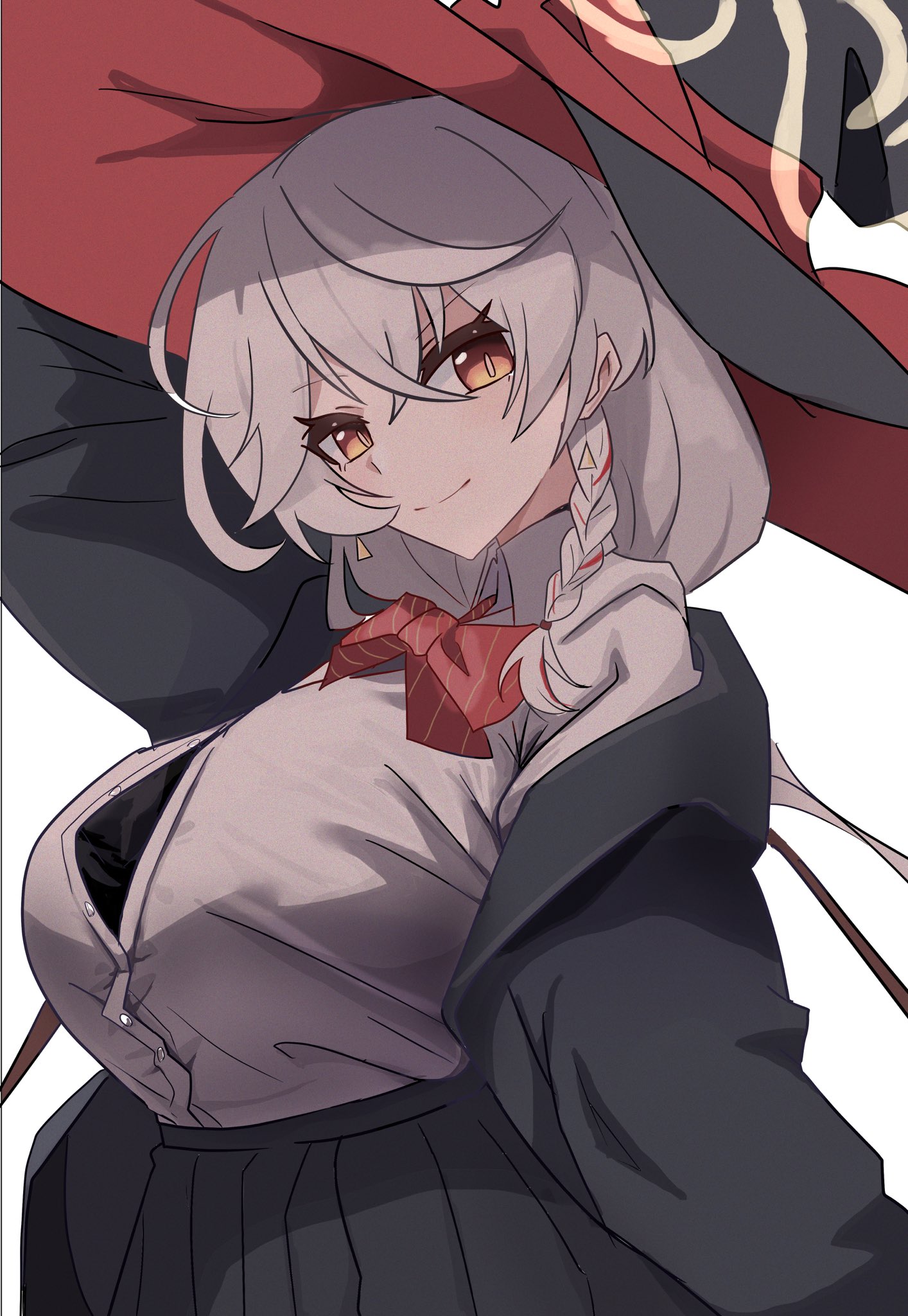 eri (blue archive), blue archive, highres, 1girl, black coat, bow, bowtie, braid, coat, collared shirt, earrings, hat, jewelry, lastmatch500, partially unbuttoned, pleated skirt, red bow, red bowtie, shirt, simple background, skirt, solo, striped bow, striped bowtie, striped clothes, white background, white hair, white shirt, witch hat