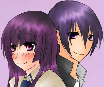 hayasaka ouka, hayasaka shusui, busou renkin, lowres, 00s, 1boy, 1girl, black hair, blush, purple eyes, purple hair, siblings, simple background, smile, twins