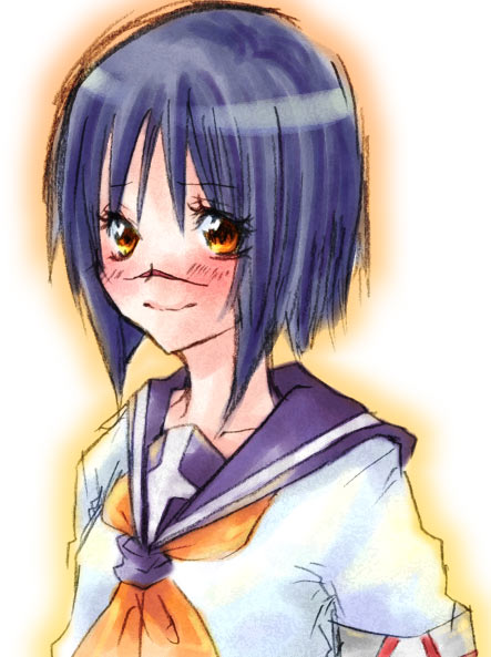tsumura tokiko, busou renkin, 00s, blue hair, scar, school uniform, serafuku, yellow eyes