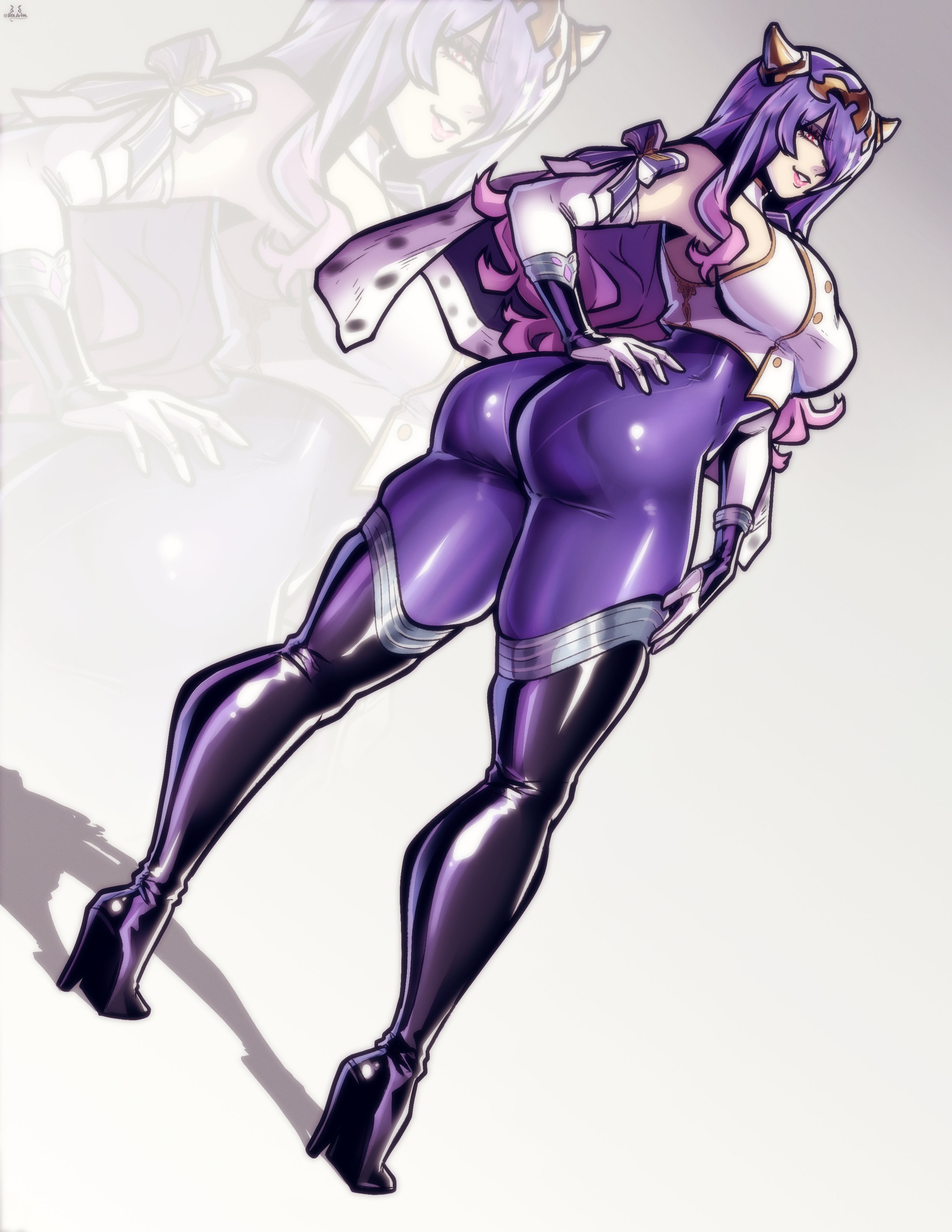 nico artoo, camilla (fire emblem), wilhelmina (brown dust), brown dust (series), brown dust 2, fire emblem, fire emblem fates, nintendo, absurdres, highres, 1girl, alternate costume, ass, breasts, cleavage, cosplay, crossover, from below, hair over one eye, high heels, large breasts, purple eyes, purple hair, tight clothes, wavy hair, wilhelmina (brown dust) (cosplay)