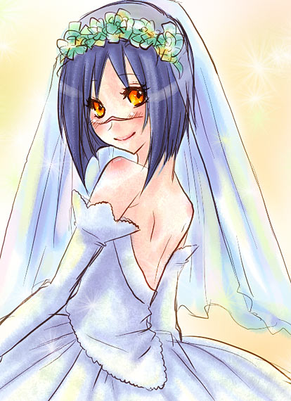 tsumura tokiko, busou renkin, 00s, blue hair, dress, scar, wedding dress, yellow eyes