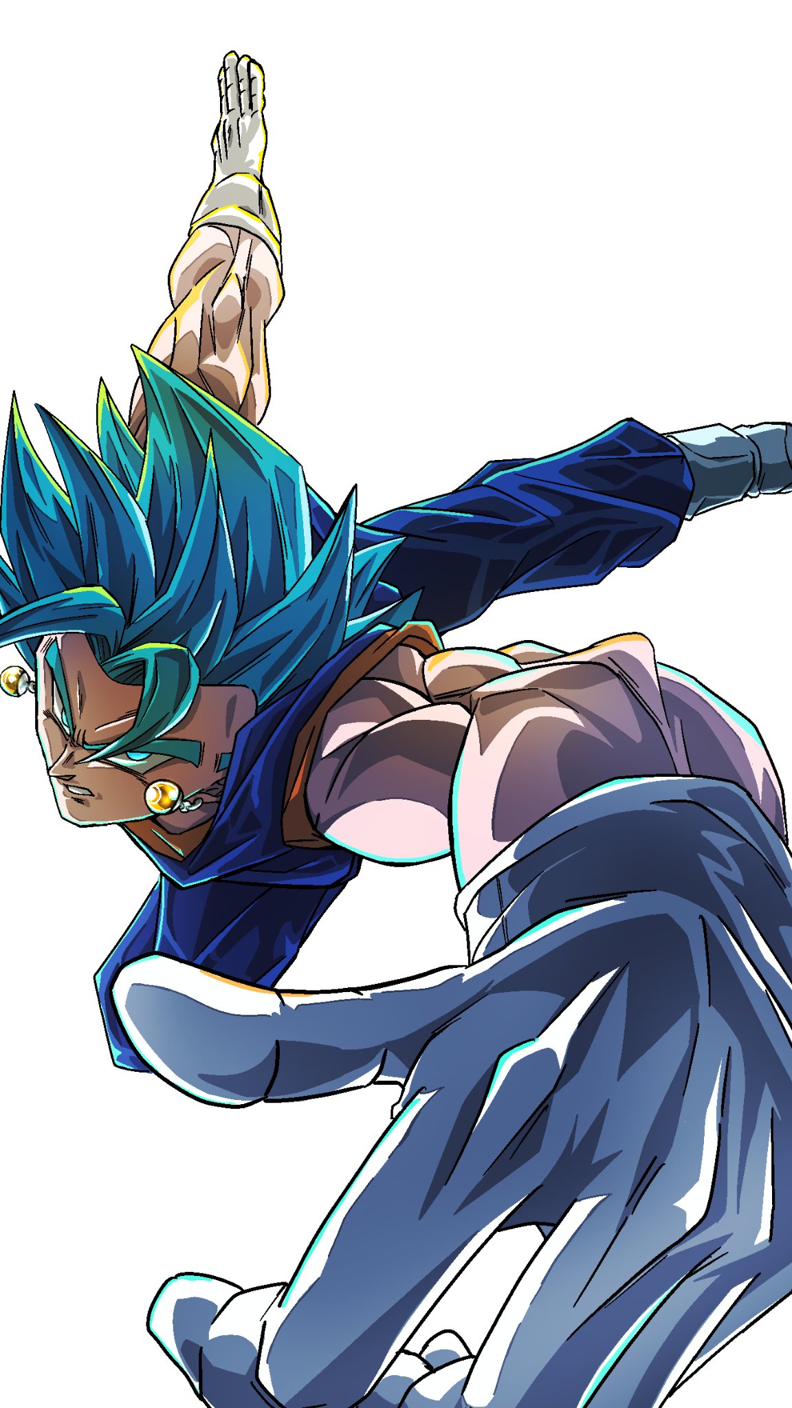ryo lovevegito, vegetto, dragon ball, dragon ball super, highres, 1boy, blue eyes, blue hair, blue pants, blue sash, blue shirt, dougi, earrings, full body, gloves, jewelry, male focus, orange shirt, pants, potara earrings, sash, shirt, solo, spiked hair, super saiyan, super saiyan blue, white gloves