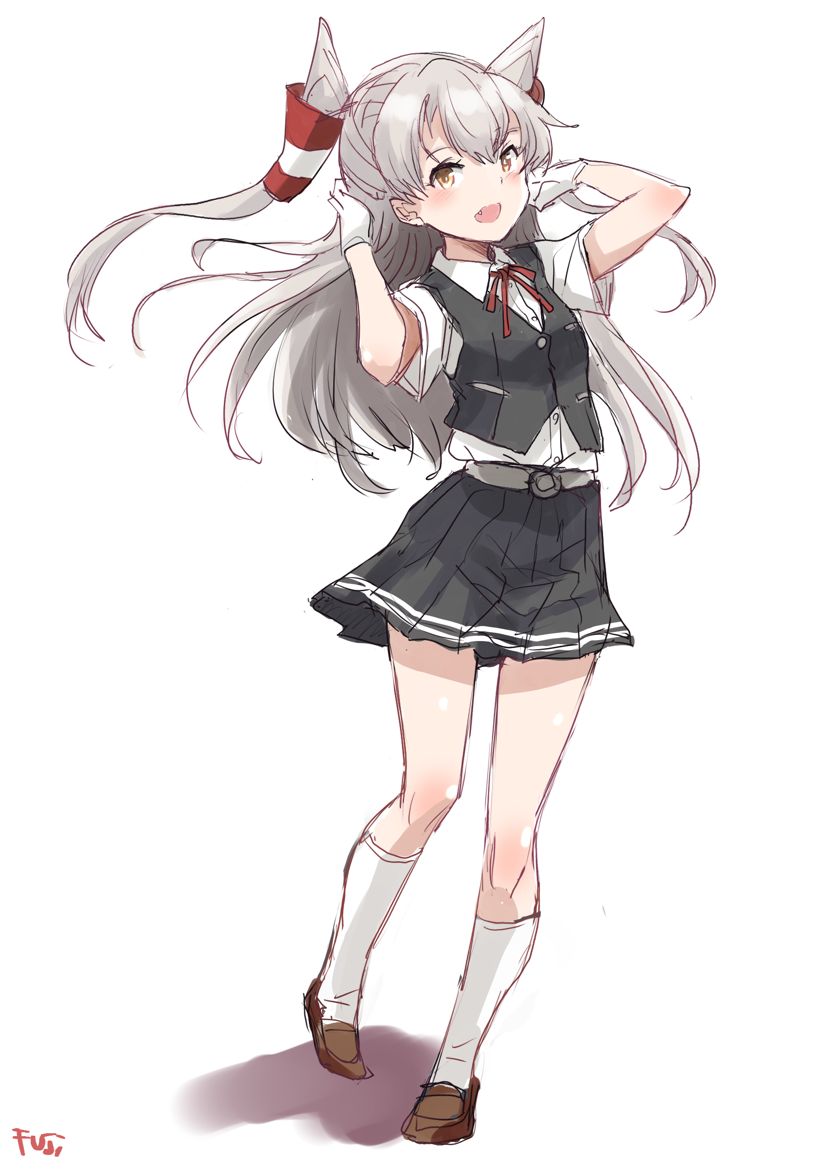 fuji (pixiv24804665), amatsukaze (kancolle), shiranui (kancolle), shiranui kai ni (kancolle), kantai collection, commentary request, highres, 1girl, black skirt, black vest, cosplay, full body, gloves, grey hair, long hair, pleated skirt, shiranui (kancolle) (cosplay), shiranui kai ni (kancolle) (cosplay), shirt, simple background, sketch, skirt, socks, solo, two side up, vest, white background, white gloves, white shirt
