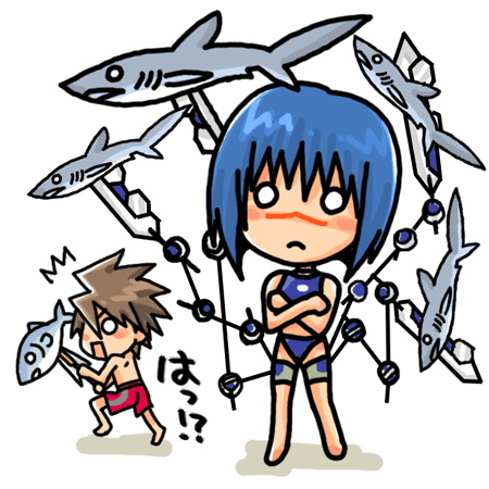 mutou kazuki, tsumura tokiko, busou renkin, lowres, 00s, blue hair, brown hair, scar, swimsuit, valkyrie skirt