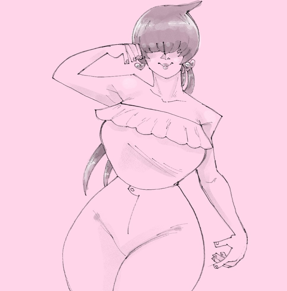1shermieaday, shermie (kof), the king of fighters, 1girl, breasts, curvy, earrings, heart, huge breasts, jewelry, large breasts, long hair, pants, ponytail, smile, standing, thick thighs, thighs, twintails, wide hips