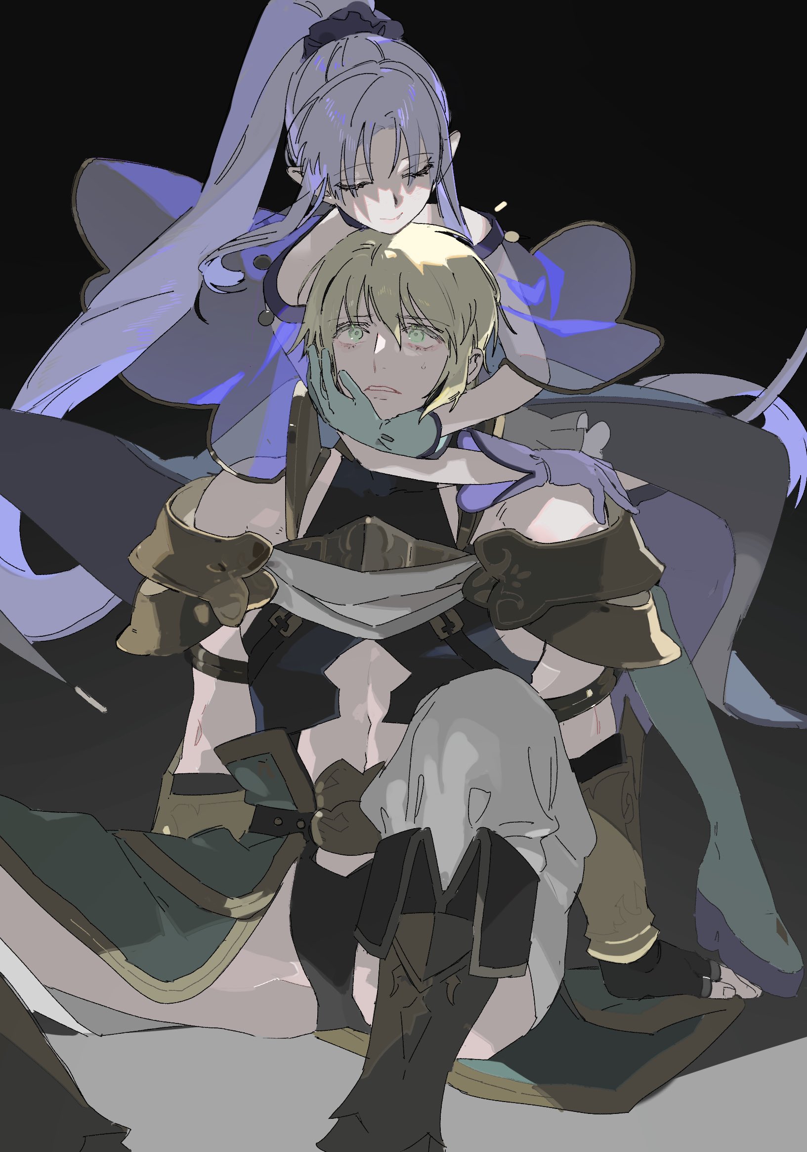 jason (fate), medea (fate), medea lily (fate), fate/grand order, fate (series), highres, 1boy, 1girl, arm support, armlet, armor, asymmetrical footwear, asymmetrical gloves, bare shoulders, black background, black boots, black gloves, black leotard, blonde hair, boots, capelet, chaps, closed eyes, closed mouth, clothing cutout, dress, fingerless gloves, gloves, green boots, green eyes, green gloves, hair between eyes, hair ornament, hair scrunchie, hand on another's face, hetero, high ponytail, hug, hug from behind, husband and wife, jewelry, knee up, leotard, light smile, linea alba, long hair, looking at another, looking up, mismatched footwear, mismatched gloves, off-shoulder capelet, parted bangs, parted lips, pointy ears, ponytail, purple boots, purple gloves, purple hair, purple scrunchie, scared, scrunchie, see-through capelet, see-through clothes, short hair, shoulder armor, sidelocks, simple background, sitting, stomach cutout, sweat, tetota tettou, thigh boots, vambraces, waist cape, white dress
