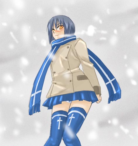 tsumura tokiko, busou renkin, lowres, 00s, blue hair, panties, scar, school uniform, serafuku, snow, underwear, yellow eyes