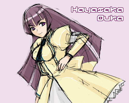 hayasaka ouka, busou renkin, lowres, 00s, 1girl, armband, brown hair, character name, female focus, long hair, purple eyes, school uniform, simple background, sketch, solo