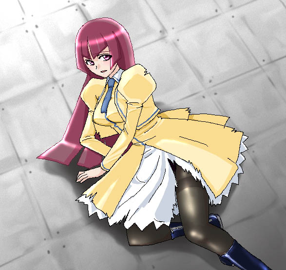 hayasaka ouka, busou renkin, blue neckwear, aliasing, 00s, 1girl, breasts, feet out of frame, female focus, medium breasts, on floor, pantyhose, purple eyes, purple hair, school uniform, solo, thighband pantyhose
