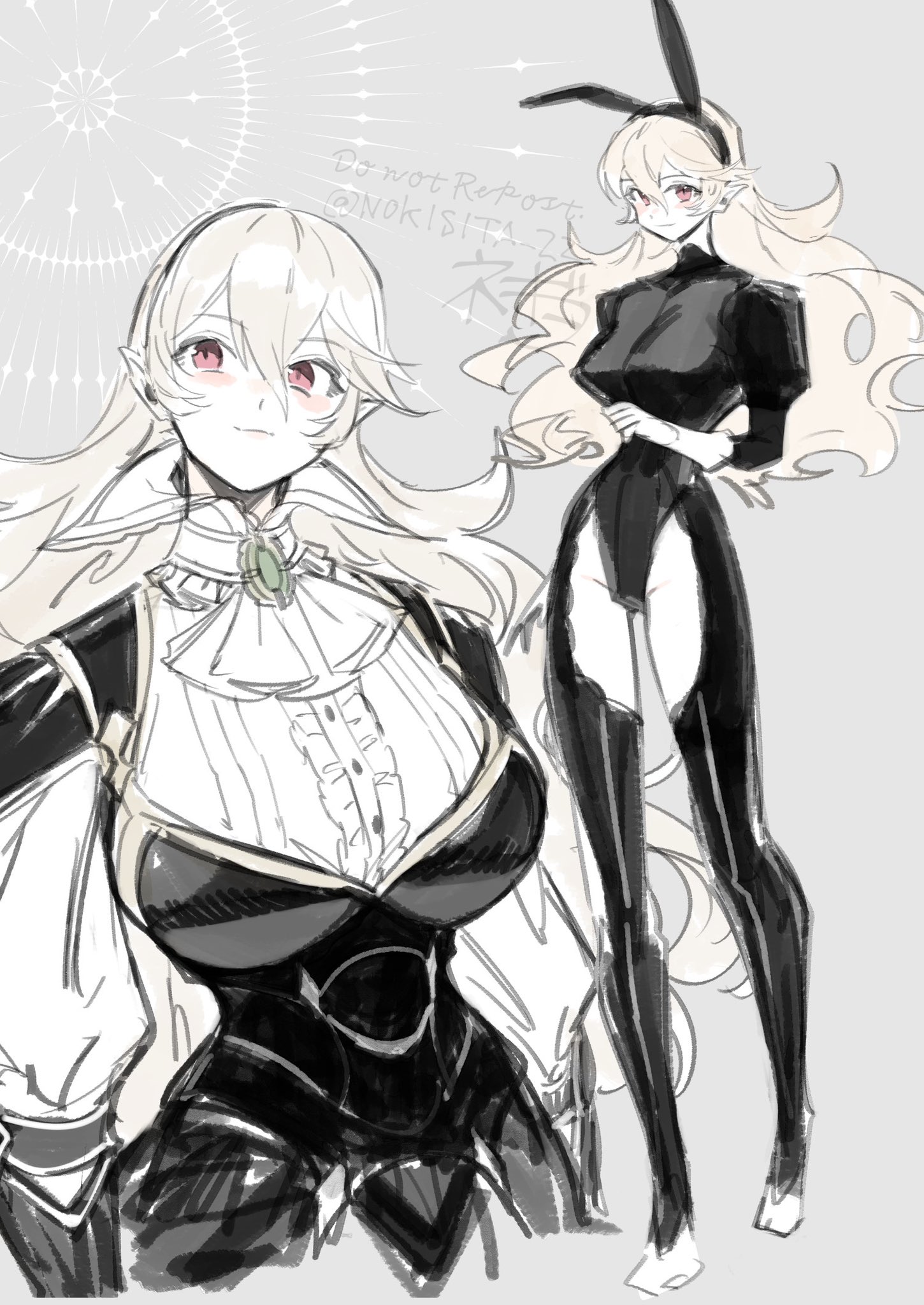 negiwo, female corrin (fire emblem), female corrin (nohr noble) (fire emblem), fire emblem, fire emblem fates, fire emblem heroes, nintendo, highres, 1girl, alternate breast size (larger), black hairband, breasts, full body, hairband, large breasts, leotard, multiple views, official alternate costume, pointy ears, solo, thighs, upper body