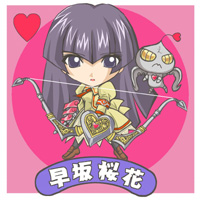 angel gozen (character), hayasaka ouka, busou renkin, lowres, tagme, translation request, 00s, 1girl, 1other, angel gozen (weapon), border, bow, chibi, creature, facing viewer, floating, full body, heart, long hair, looking at viewer, pink background, standing, white border