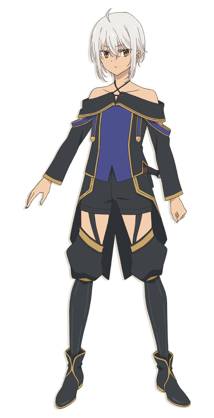 tensai ouji no akaji kokka saiseijutsu, highres, official art, 1boy, ahoge, anime coloring, bare shoulders, black boots, black shirt, black shorts, black thighhighs, blue shirt, boots, brown eyes, closed mouth, collarbone, full body, garter straps, long sleeves, looking at viewer, nanaki ralei, off-shoulder shirt, off shoulder, ouchi ryuunosuke, shirt, short hair, shorts, sidelocks, simple background, solo, standing, thighhighs, thighs, transparent background, trap, tsurime, two-tone shirt, white hair