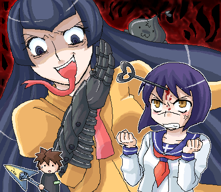 angel gozen (character), hayasaka ouka, mutou kazuki, tsumura tokiko, busou renkin, red neckwear, aliasing, lowres, source request, 00s, 1boy, 1other, 2girls, :3, :o, angel gozen (weapon), anger vein, angry, arrow (projectile), aura, blood, blue hair, brown hair, clenched teeth, creature, creature on shoulder, dark aura, forked tongue, gauntlets, long hair, long tongue, looking at another, multiple girls, on shoulder, outline, purple hair, red outline, scar, scar on face, scar on nose, school uniform, serafuku, single gauntlet, spiked hair, sweatdrop, teeth, tongue, white outline, yellow eyes