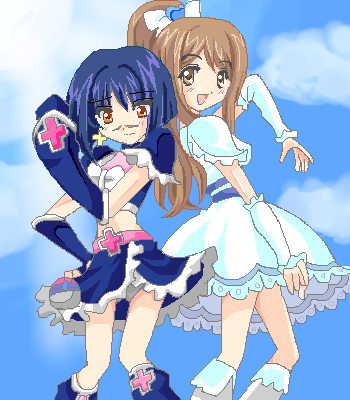 cure black, cure white, mutou mahiro, tsumura tokiko, busou renkin, precure, lowres, 00s, blue hair, brown eyes, brown hair, crossover, scar, yellow eyes